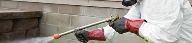 Pest control technician applying exterior insect treatment along a home foundation in Austin, TX