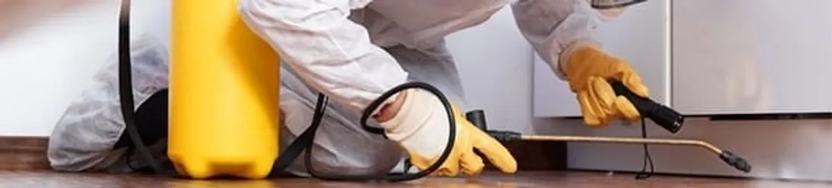 Roach exterminator treating cracks and crevices along kitchen baseboards in Austin, TX
