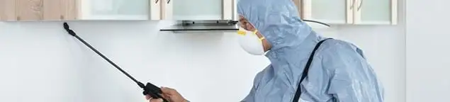 Termite treatment technician applying indoor pest control spray in Austin, TX