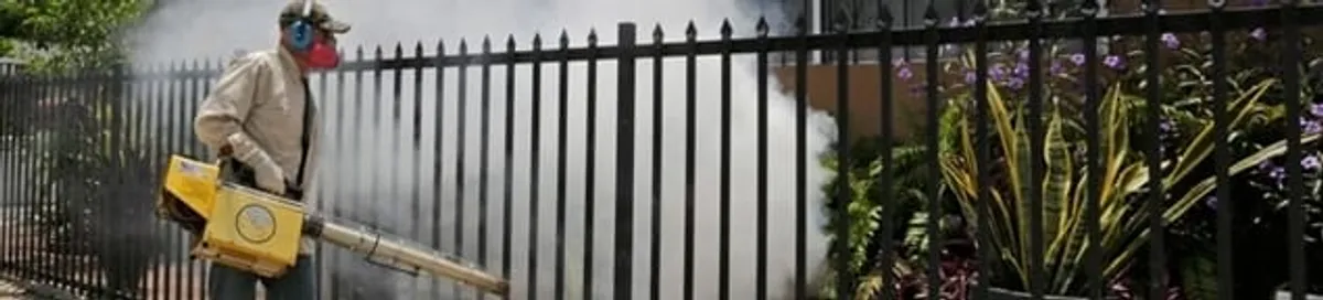 Mosquito control technician fogging a yard perimeter for mosquito reduction in Austin, TX